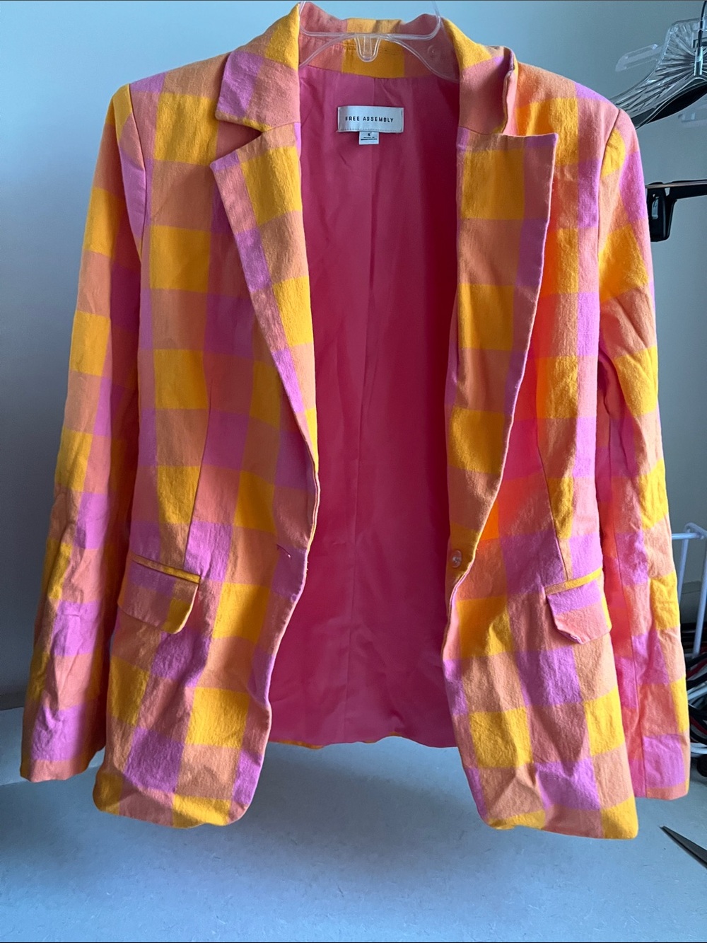 Free Assembly Pink & Yellow Checked Relaxed Blazer